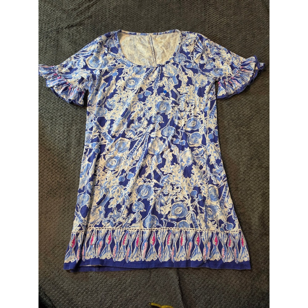 Lilly Pulitzer Blue White Floral Ruffle Sleeve Cotton T-Shirt Dress Large